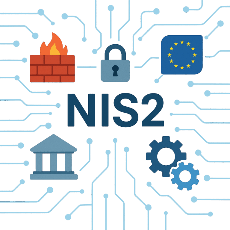 Illustrazione digitale in stile flat che rappresenta la direttiva europea NIS2, con simboli di rete, cybersecurity, infrastrutture critiche e governance. Al centro, la scritta "NIS2" circondata da icone come firewall, lucchetto, edificio pubblico, ingranaggi e la bandiera dell’UE, connessi da circuiti digitali.