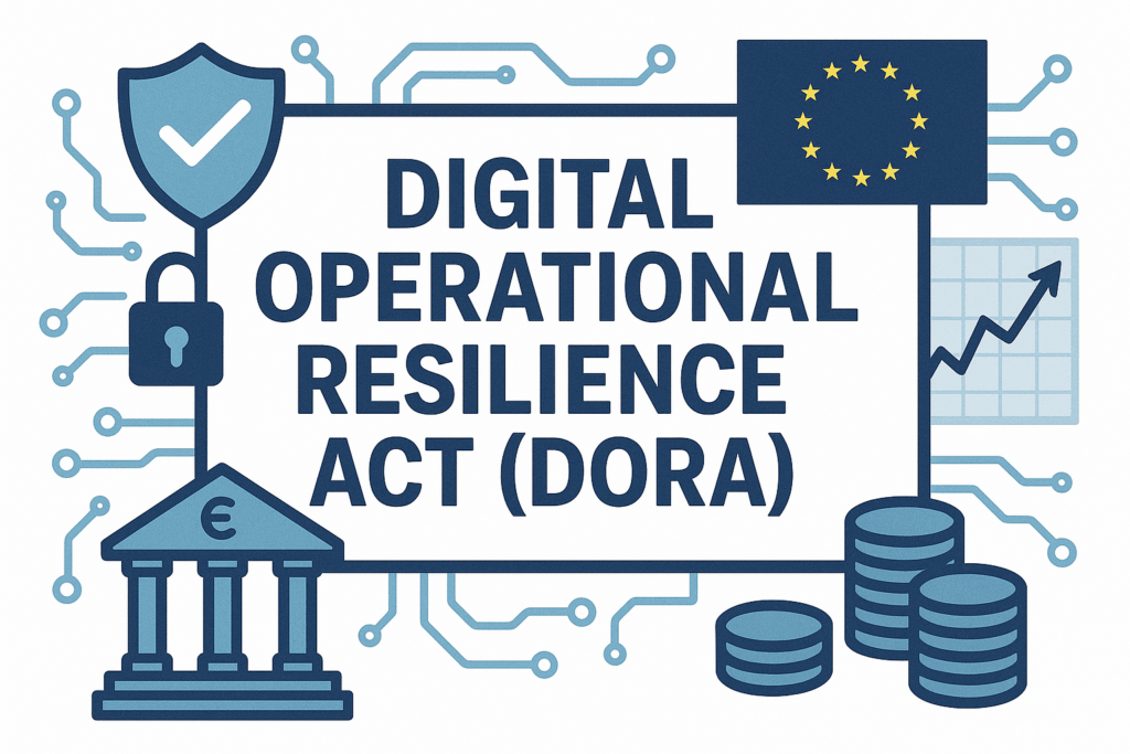 Illustrazione digitale in stile flat che rappresenta il Digital Operational Resilience Act (DORA), con simboli di sicurezza informatica, finanza e Unione Europea, connessi da circuiti digitali.