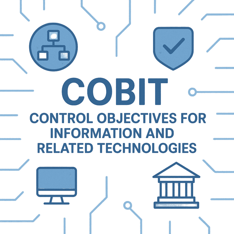 Illustrazione digitale in stile flat con la scritta “COBIT – Control Objectives for Information and Related Technologies” al centro. Attorno, icone stilizzate: un diagramma organizzativo, uno scudo con check, un computer e un edificio istituzionale. Sullo sfondo, linee di circuito azzurre suggeriscono connessioni digitali.