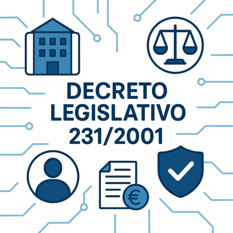 Illustrazione digitale in stile flat con la scritta “DECRETO LEGISLATIVO 231/2001” al centro, circondata da icone che rappresentano un edificio aziendale, la bilancia della giustizia, un profilo umano, un documento con simbolo dell’euro e uno scudo con check, il tutto connesso da circuiti digitali su sfondo azzurro.